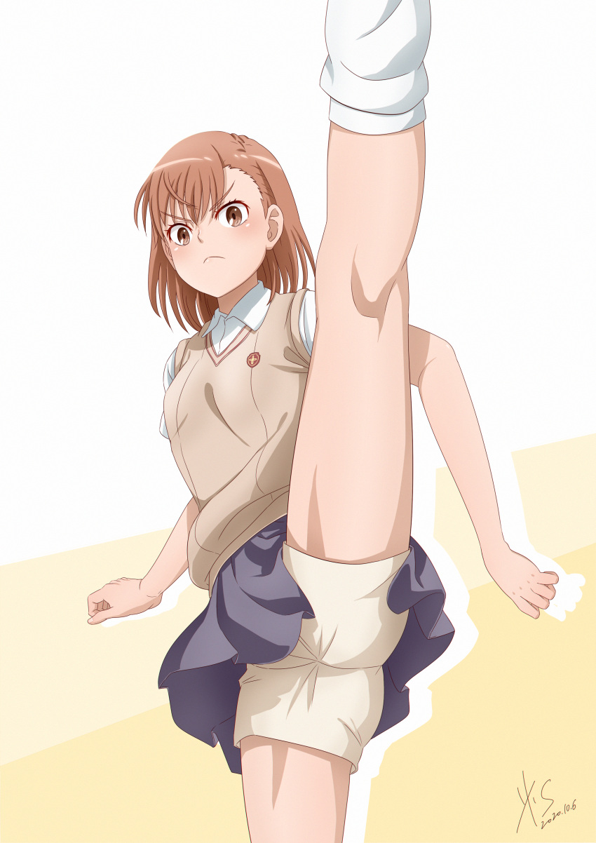 1girls 2020 2020s :< absurd_res artist_name bare_legs blush brown_eyes brown_hair dated djt dress female frown hi_res leg_hold leg_up looking_at_viewer loose_socks matching_hair/eyes miniskirt misaka_mikoto school_uniform schoolgirl short_hair shorts shorts_under_dress simple_background skirt socks solo standing standing_on_one_leg teenage_girl teenager to_aru_kagaku_no_railgun to_aru_majutsu_no_index tokiwadai_school_uniform white_socks young