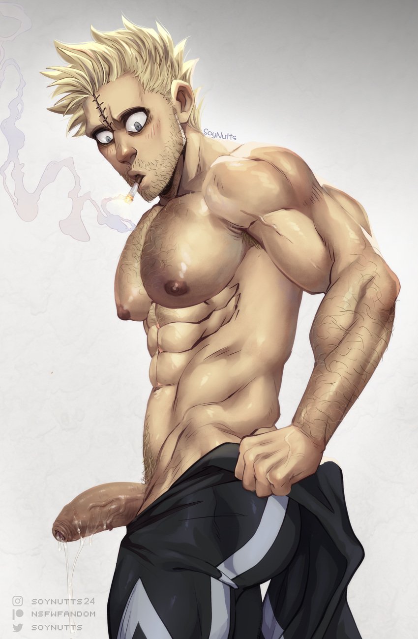 balls blush boner bubaigawara_jin cigarette erection male male_only muscles muscular my_hero_academia penis scar scar_on_face shirtless solo solo_male soynutts twice