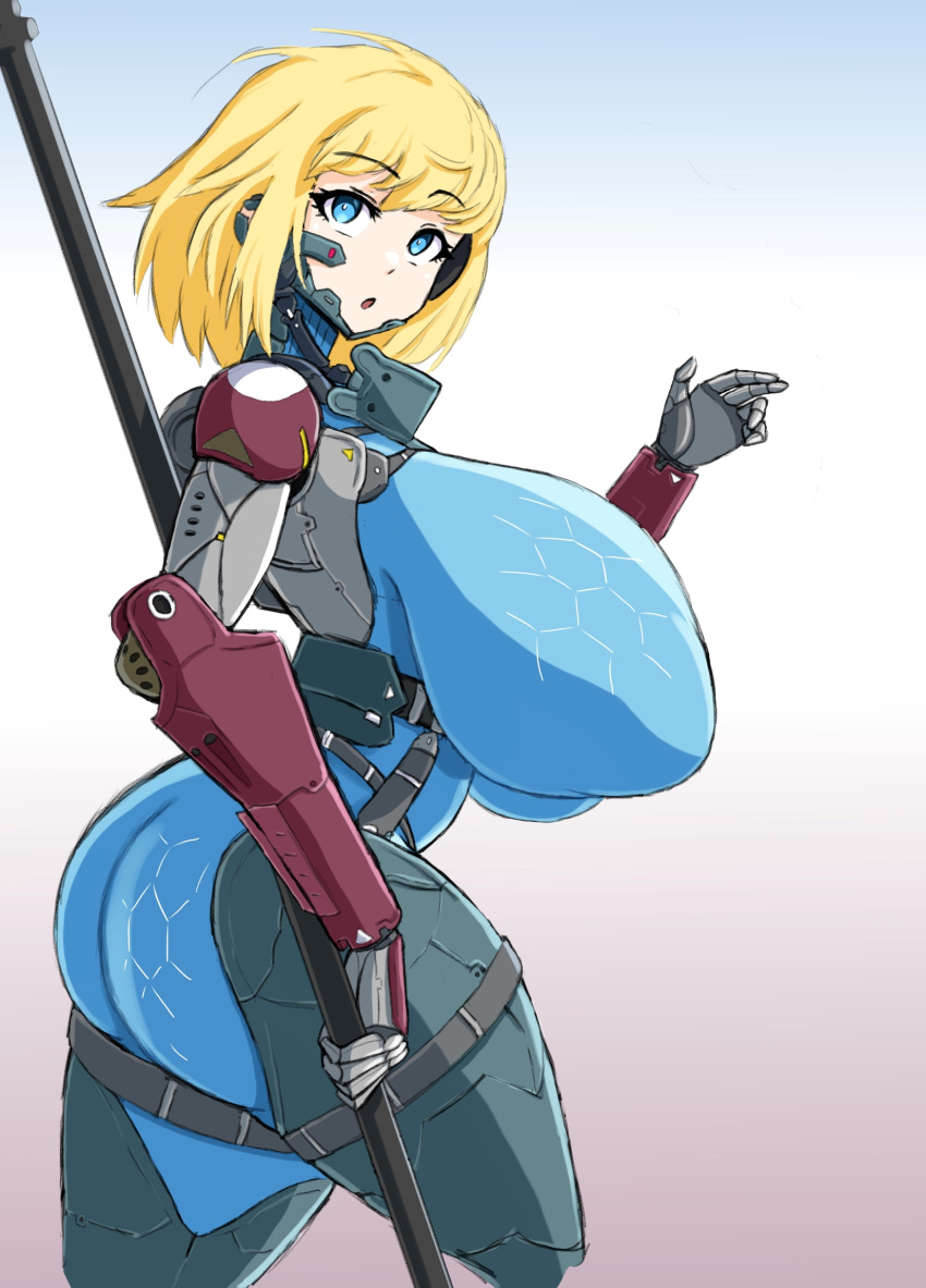 1girls ass blonde_hair blue_eyes breasts covered_nipples cyborg female_focus gavianart huge_ass huge_breasts looking_at_viewer nipples short_hair solo suvi_the_cyborgess thick_thighs weapon wide_hips