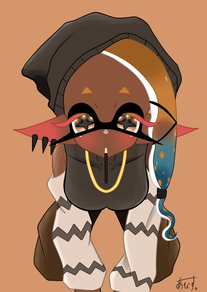 2023 animal_humanoid breasts brown_background brown_body brown_skin cephalopod cephalopod_humanoid dark-skinned_female dark_skin eyelashes frye_(splatoon) gold_eyes gold_jewelry hand_on_floor headwear hi_res humanoid inkling kneeling kneeling/standing looking_at_viewer mammal marine marine_humanoid mollusk mollusk_humanoid multicolored_fur necklace nintendo pocky pocky_in_mouth pseudo_hair signature simple_background splatoon splatoon_3 squid_humanoid tentacle tentacle_hair twitter_username yellow_hair