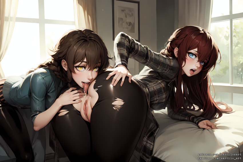 2girls ai_generated amane_suzuha ass butt checkered_shirt dat_ass female female_only licking_anus licking_ass makise_kurisu multiple_girls oral petite pussy rimjob rimming steins;gate teenager torn_legwear uncensored vertiloart yuri