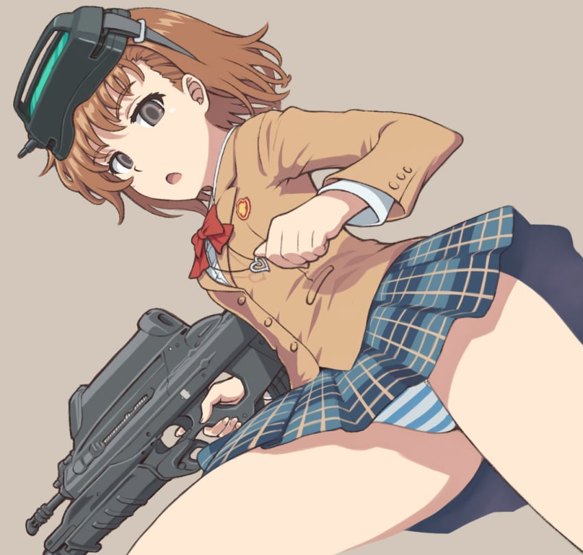 10s 1girls 2015 assault_rifle bare_thighs black_eyes blank_eyes blazer blue_skirt bow bowtie brown_background brown_hair brown_jacket bullpup buttons clenched_hand clone collared_shirt empty_eyes female fn_f2000 fn_gl1 from_below grenade_launcher groin gun head-mounted_display heart heart_necklace holding holding_gun holding_weapon jacket jewelry jinrai_(owl12) long_sleeves medium_hair miniskirt misaka_imouto misaka_imouto_10032 modular_weapon_system necklace open_mouth panties pantyshot parted_bangs red_bow red_bowtie rifle running school_uniform schoolgirl shirt skirt solo striped striped_panties teenage_girl teenager thighs to_aru_kagaku_no_railgun to_aru_majutsu_no_index tokiwadai_school_uniform underbarrel_grenade_launcher underwear upper_body weapon white_shirt winter_uniform young