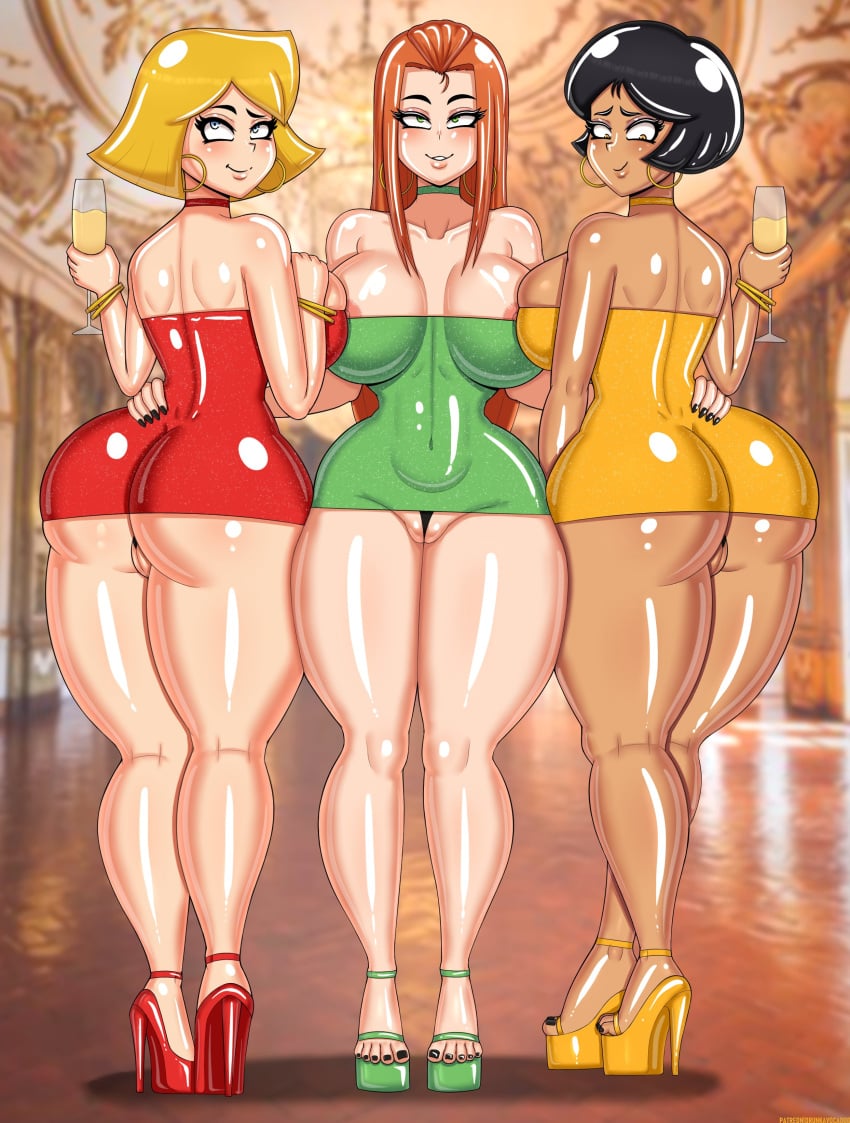 3girls alex_(totally_spies) areola_slip ass big_breasts black_hair blonde_hair clover_(totally_spies) dress drunkavocado female female_only heels high_heels huge_ass huge_breasts microdress minidress multiple_girls orange_hair panties party party_dress pussy red_head sam_(totally_spies) short_dress thick_thighs totally_spies vagina wide_hips