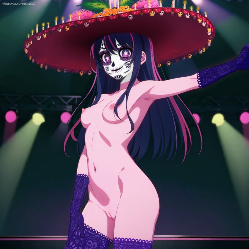 ai_generated dia_de_los_muertos hoshino_ai long_hair medium_breasts nekom14 nipples oshi_no_ko purple_eyes purple_hair pussy symbol-shaped_pupils