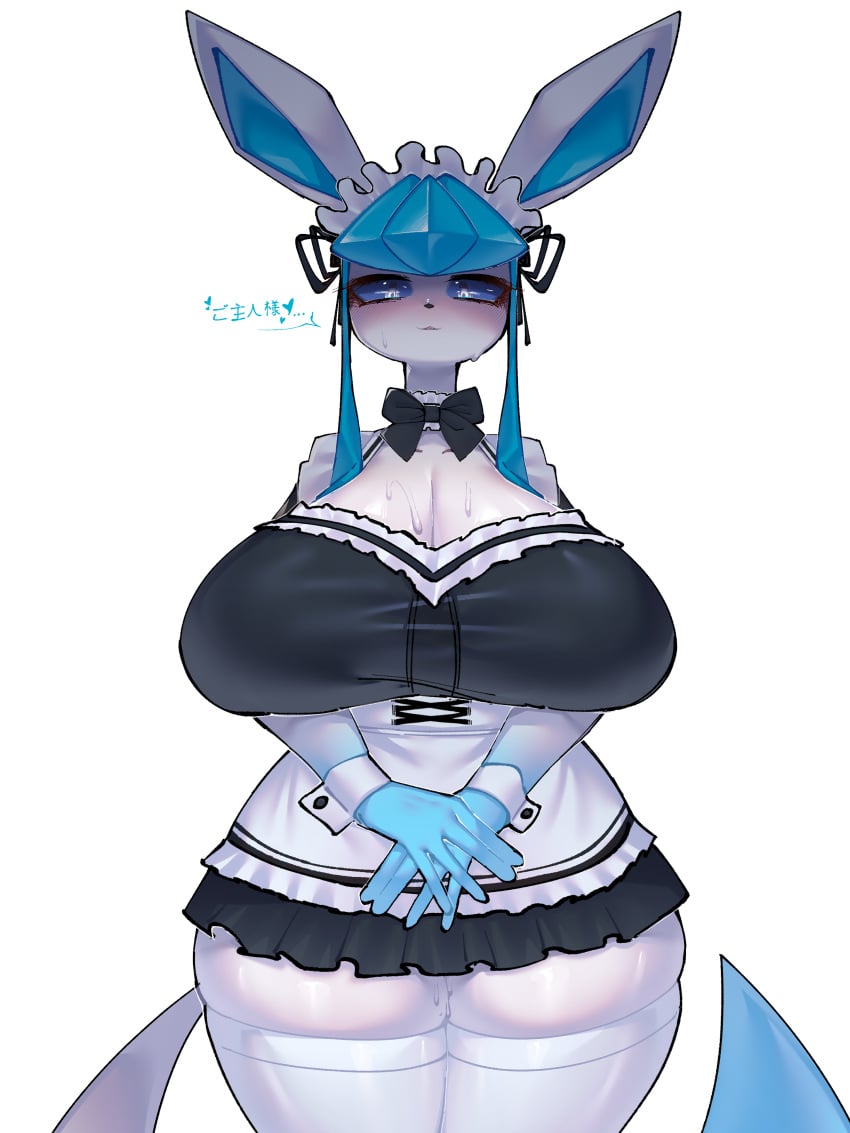 2023 anthro bangs big_breasts blue_body blue_fur blue_sclera bodily_fluids breasts cleavage clothing eeveelution female fingers fur generation_4_pokemon glaceon hi_res huge_breasts long_ears maid_uniform mammal nintendo pokemon pokemon_(species) ribbons simple_background skirt smile solo stockings sweat sweatdrop tail tokonuri uniform white_background white_eyes