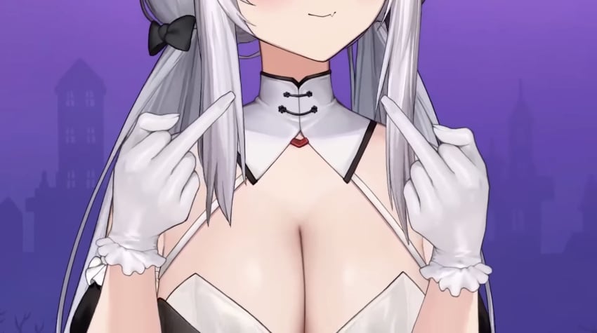 1girls big_breasts cleavage cute cute_fang female female_only flipping_off hidden_eyes humiliating indie_virtual_youtuber large_breasts official_model screenshot silver_hair smiling succubus veibae virtual_youtuber