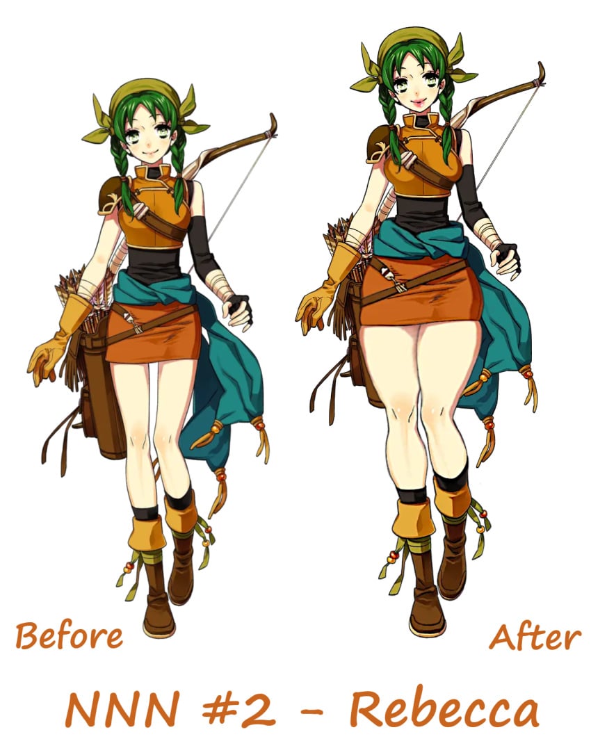 1girls alternate_body_type before_and_after bow braid edit female female_only fire_emblem fire_emblem:_the_blazing_blade fire_emblem_heroes green_hair height_growth large_breasts lipstick long_legs nintendo no_nut_november official_artwork_edit page_2 pencil_skirt rebecca_(fire_emblem) slim_waist solo sutton184_edits thick_lips thick_thighs third-party_edit