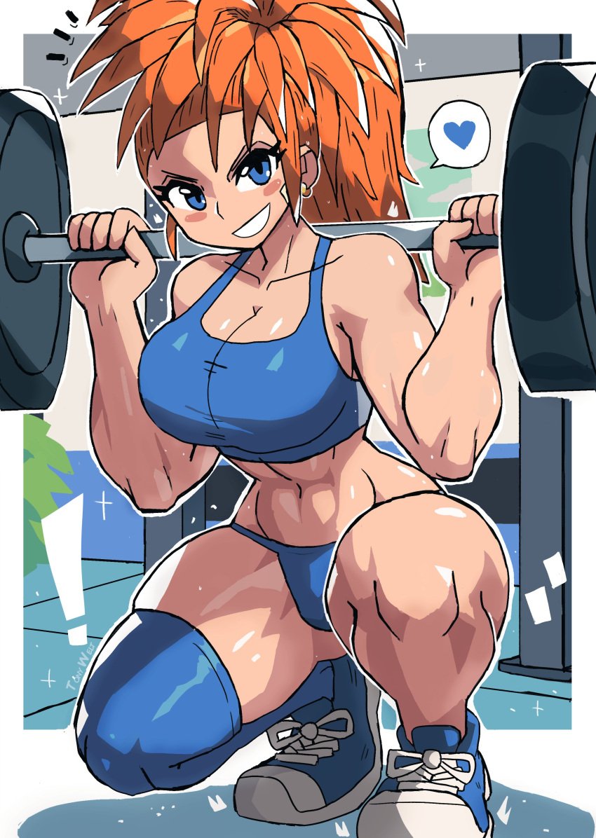 1girls abs blue_eyes breasts captain_mizuki cleavage heart one-punch_man orange_hair panties solo solo_female solo_focus sports_bra squatting thighhighs thighs tony_welt weightlifting weights working_out workout