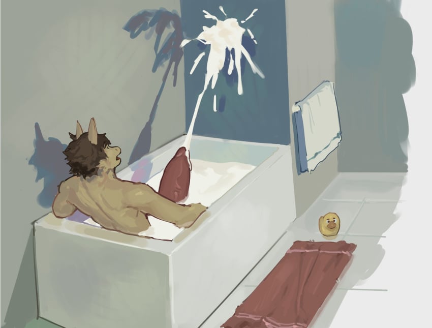 alexyz_kun anthro athletic athletic_anthro athletic_male bathroom bathtub big_penis bodily_fluids cum cumshot dragon ejaculation erection excessive_cum excessive_genital_fluids fur furred_dragon genital_fluids genitals hi_res huge_cock male penis solo towel unit_04