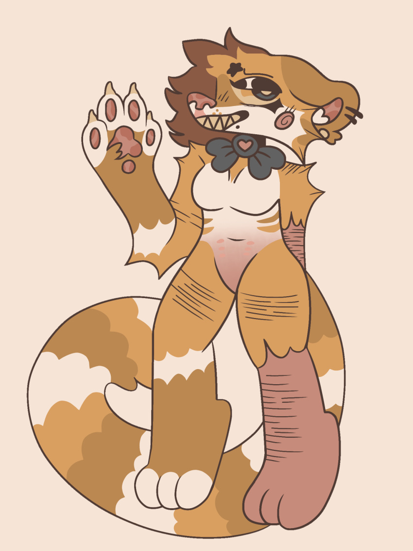 anthro blue_eyes bowtie brown_hair claws ear ear_piercing feet feline female freckles fur furry_only fuzzy heart injury markings_(fur) medium_breasts multicolored_body multicolored_fur nervous no_nipples no_pussy nose paw_pads paws sharp_teeth smiling tail waving