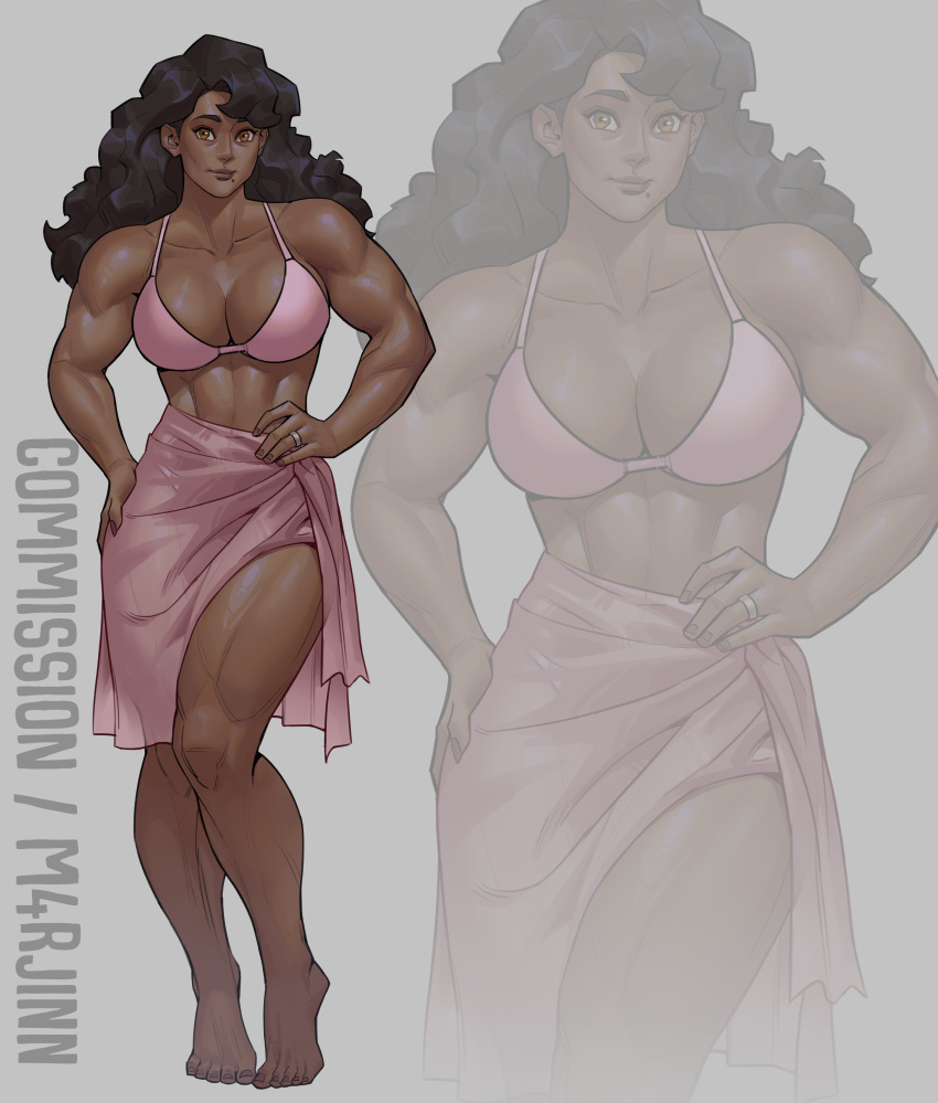 1girls absurd_res amber_eyes bare_shoulders barefoot biceps breasts cleavage commission curly_hair dark-skinned_female dark_skin hands_on_hips hi_res large_breasts m4rjinn muscular muscular_female original simple_background thick_thighs