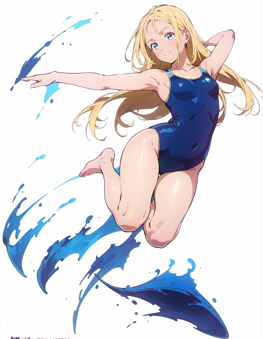 ai_generated breasts in_the_air jumping kofune_ushio legs_bent_back one-piece_swimsuit summertime_render swimsuit water water_splash white_background