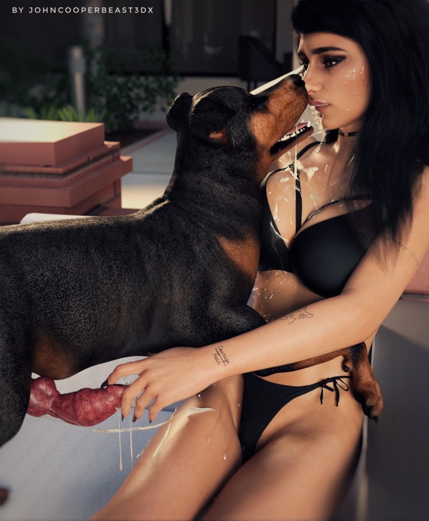 1boy 1boy1girl 1girls 3d 3d_(artwork) animal_genitalia animal_penis arabian arabian_female big_breasts bikini canine celebrity choker daz3d daz_studio dog_penis drool drooling female johncooperbeast3dx kissing male mia_khalifa porn_star real_person realistic spit straight zoophilia