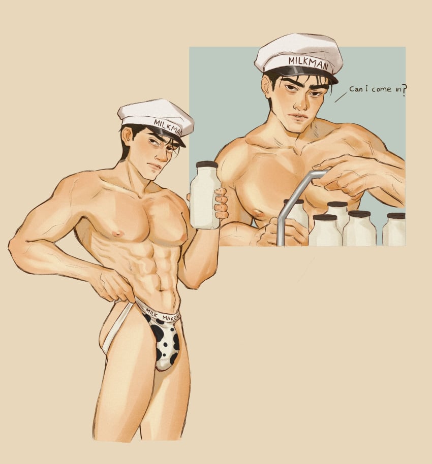 1boy bara bulge francis_mosses hunqiug jockstrap male male_nipples male_only milkman muscular_male nipples penis_outline that's_not_my_neighbor underwear