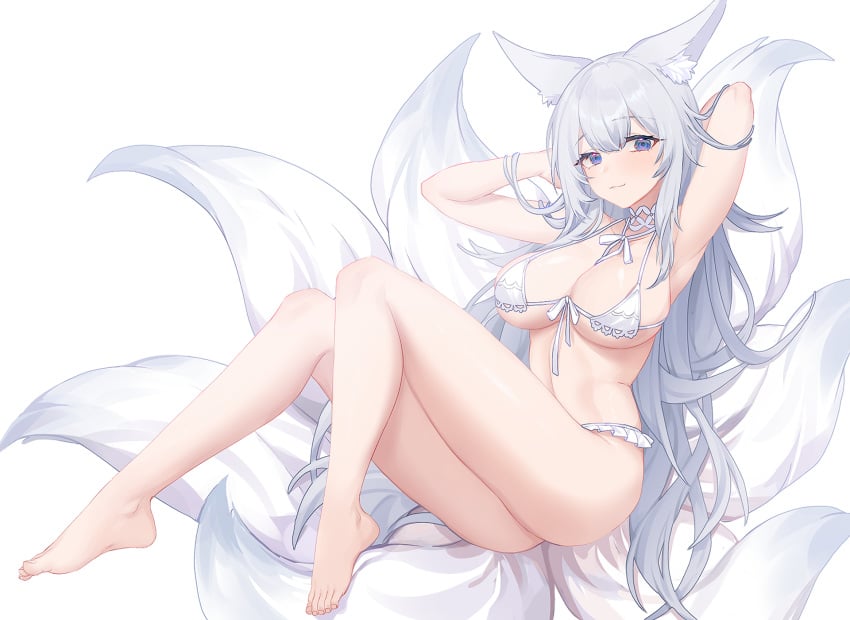 1girls aesice animal_ear_fluff animal_ears armpits arms_behind_head arms_up azur_lane barefoot bikini breasts closed_mouth feet female fox_ears fox_girl fox_tails highres kitsune large_breasts light-skinned_female light_skin long_hair looking_at_viewer multiple_tails official_alternate_costume presenting_armpit sakura_empire_(azur_lane) shinano_(azur_lane) shinano_(dreamy_white_sands)_(azur_lane) simple_background solo swimsuit tails toes very_long_hair white_background white_bikini white_hair