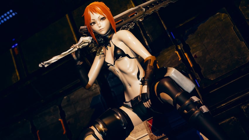 1girls alternate_version_available bra code_vein honey_select honey_select_2 omegas orange_hair petite petite_body petite_female revealing_clothes rin_murasame shorts sitting small_breasts solo sword sword_over_shoulder tattoo