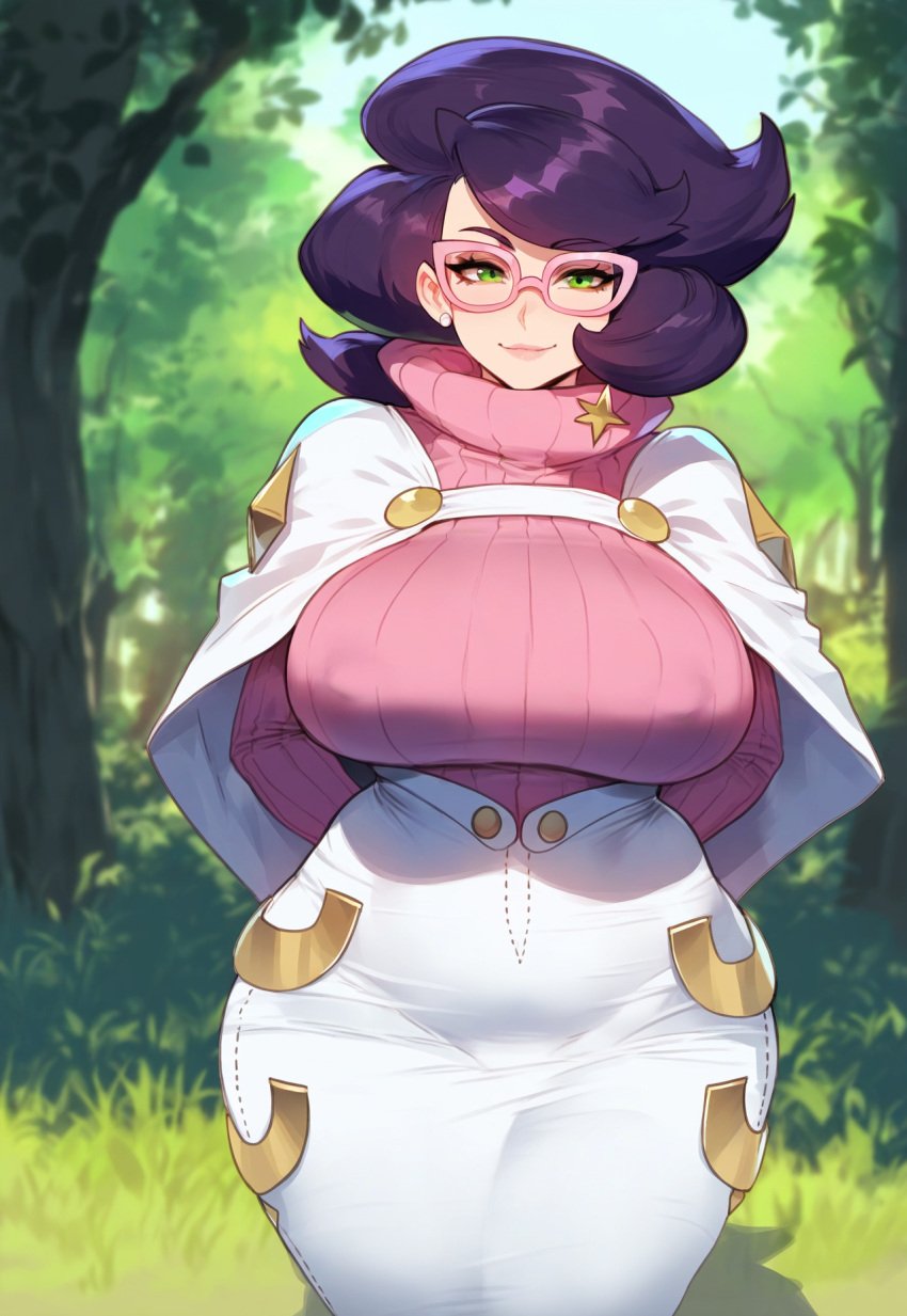 1girls ai_generated artstyle_imitation breasts female floox glasses green_eyes high_resolution hips huge_breasts light-skinned_female light_skin long_hair mature_female milf nintendo pokemon pokemon_sm purple_hair stable_diffusion thiccwithaq_(ai_style) thick_thighs thighs voluptuous wicke_(pokemon) wide_hips