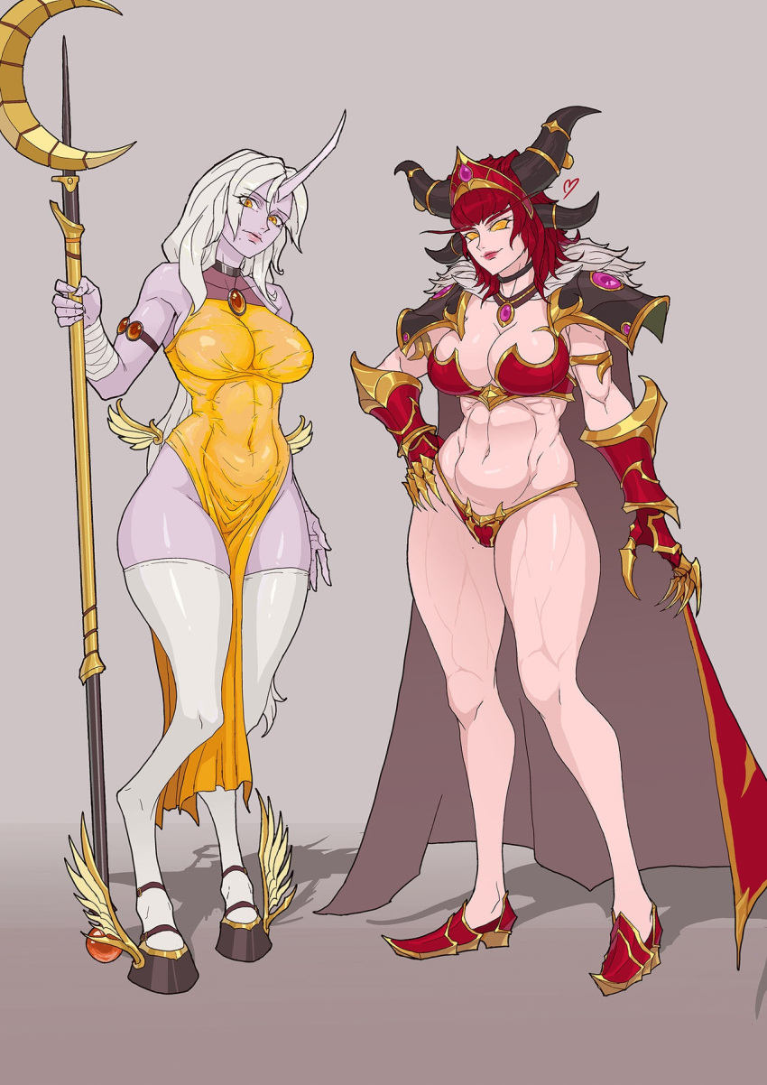 2girls alexstrasza blizzard_entertainment breasts cleavage crossover dragon female full_body girl league_of_legends looking_at_viewer milf multiple_girls navel purple_skin samiri simple_background sleeveless soraka staff standing tagme thighhighs world_of_warcraft yellow_eyes