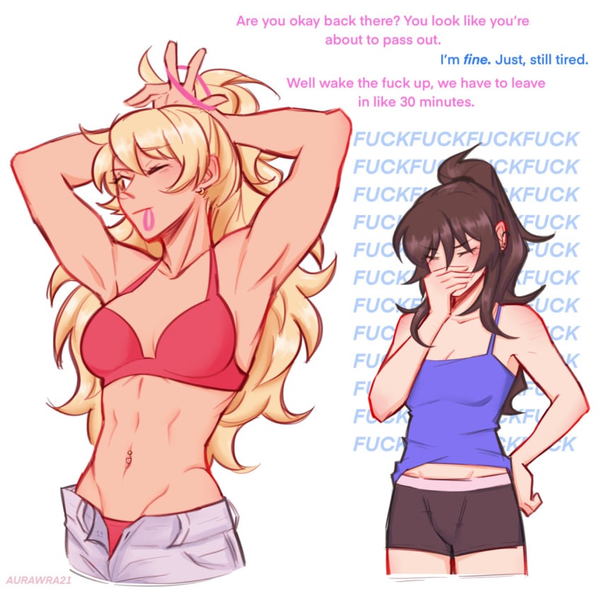 2girls abs aurawra21 belly_piercing black_boxers black_hair blonde_hair bra class_of_'09 distracting dressing eyes_closed fixing_hair jecka_(class_of_'09) jeckole lean_muscle long_hair nicole_(class_of_'09) overcome pink_underwear scars yuri