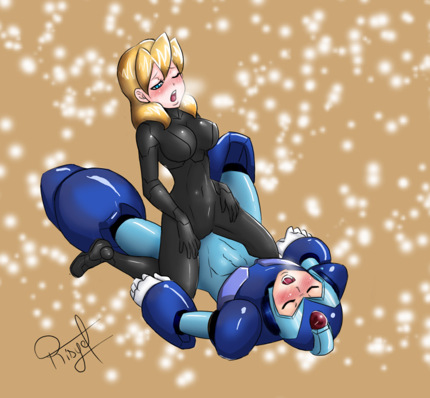 alia bodysuit cowgirl_position latex latex_suit male mega_man mega_man_x sex shironek0 signature tagme x_(mega_man)