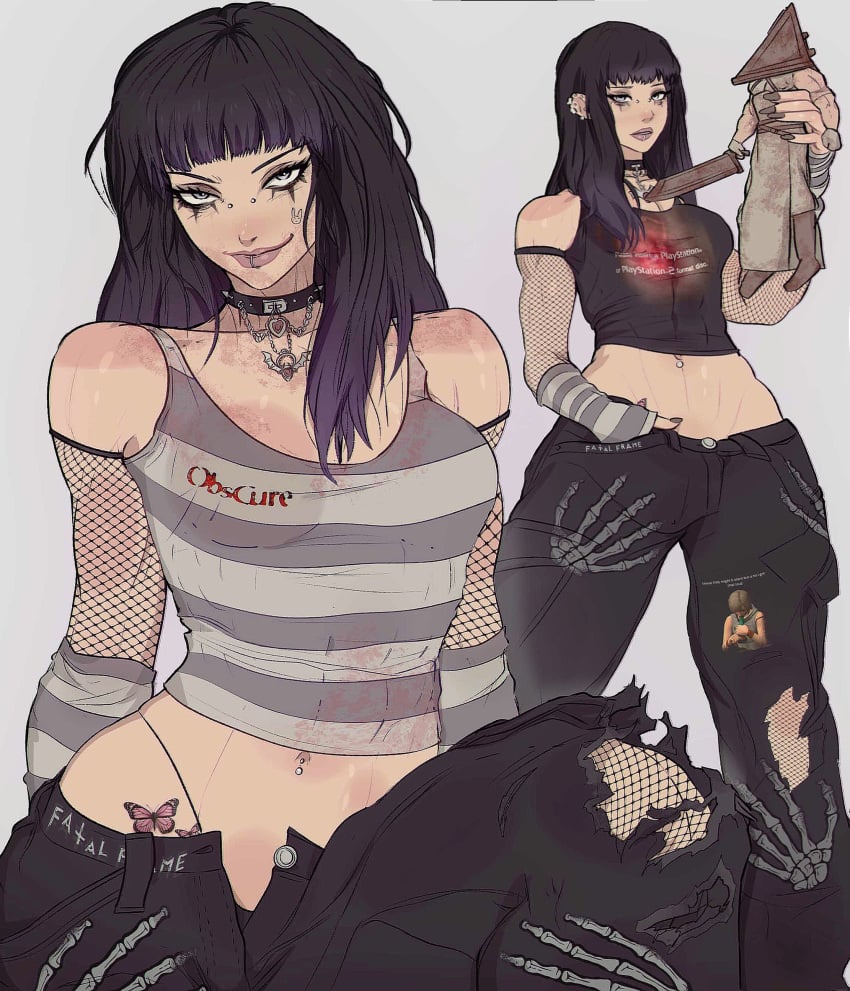 1girls abs alt_girl arm_warmers black_hair cheryl_mason choker doll eyeliner face_tattoo fatal_frame fishnet_armwear fully_clothed girl_who_is_obsessed_with goth goth_girl grey_eyes heather_mason hip_tattoo lip_piercing lipstick low_cut_top makeup midriff midriff_baring_shirt navel_piercing no_bra nose_piercing oc original_character piercings purple_highlights pyramid_head ripped_clothing silent_hill silent_hill_2 silent_hill_3 small_breasts smirk tagme tank_top tattoo thick_thighs thong toned wide_hips yoracrab