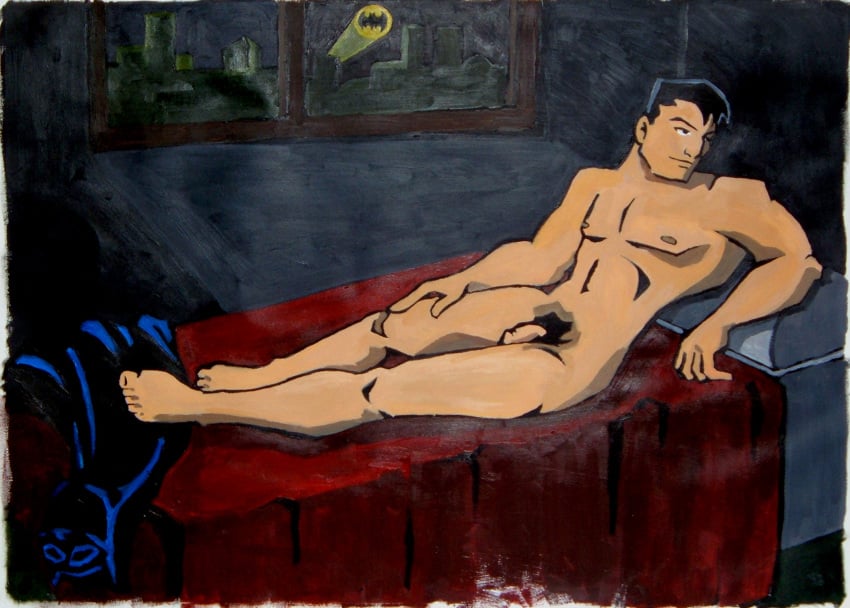 1boy abs bat_signal batman batman:_the_animated_series batman_(bruce_wayne) batman_(series) biceps bruce_wayne dc_comics dcau erect_nipples flaccid_penis looking_to_the_side male male_only muscles nude odalisque pecs pubic_hair solo traditional_media_(artwork)