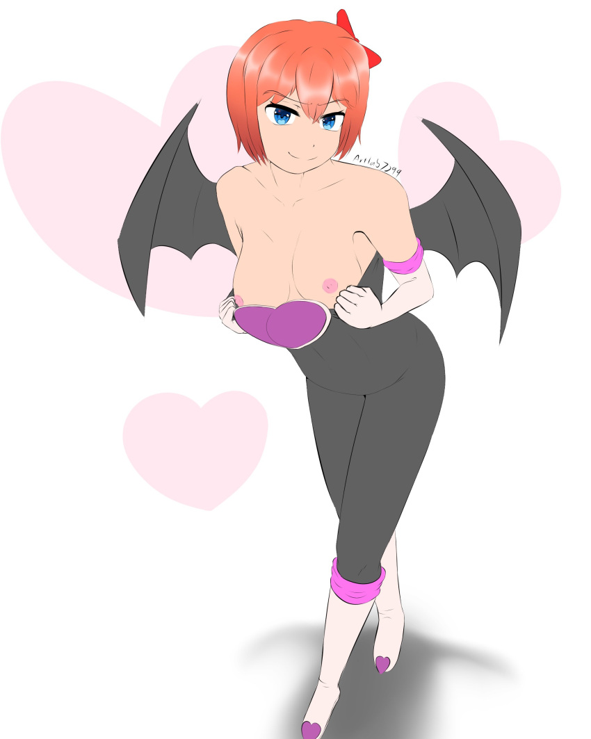 1female 1girls artlab bare_shoulders blue_eyes breasts cleavage cosplay doki_doki_literature_club nipples rouge_the_bat_(cosplay) sayori_(doki_doki_literature_club) sega sonic_(series) sonic_the_hedgehog_(series) strawberry_blonde_hair thedarkartlab_(artist) wings