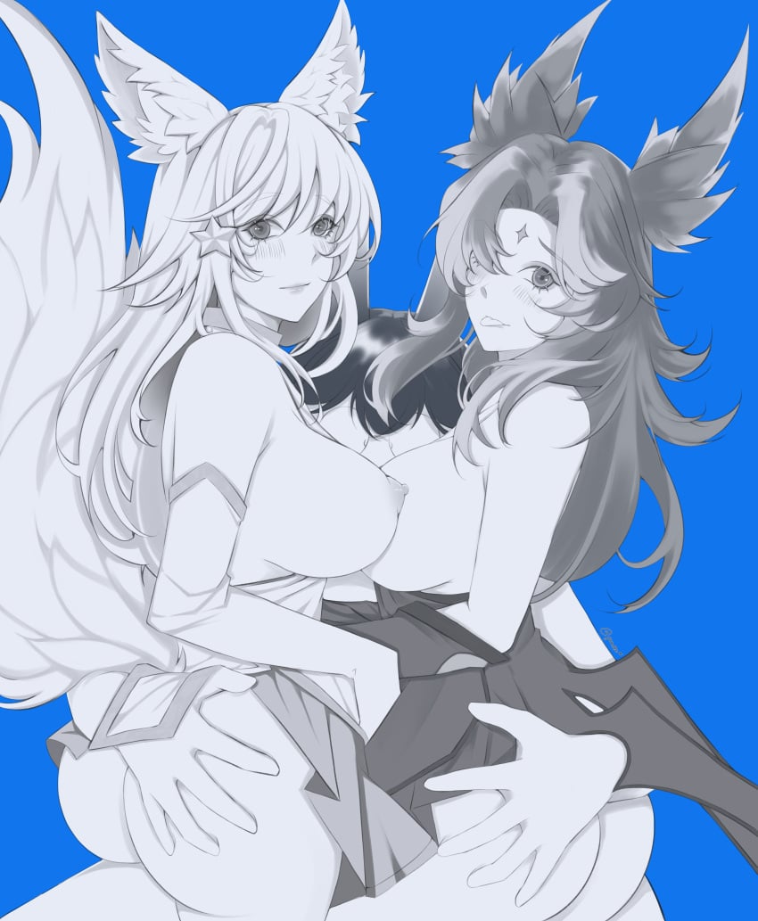 absurd_res accessory ahri arm_around_waist ass avian blush breasts butt_grab canid canine clothed clothing eyewear fan_character female fox fox_tail glasses group hair_accessory hand_on_butt hi_res hug humanoid league_of_legends looking_at_viewer male male/female mammal monochrome nipples no_underwear riot_games simple_background star_guardian_ahri star_guardian_series star_guardian_xayah suee8720 tail tongue tongue_out topless trio watermark xayah