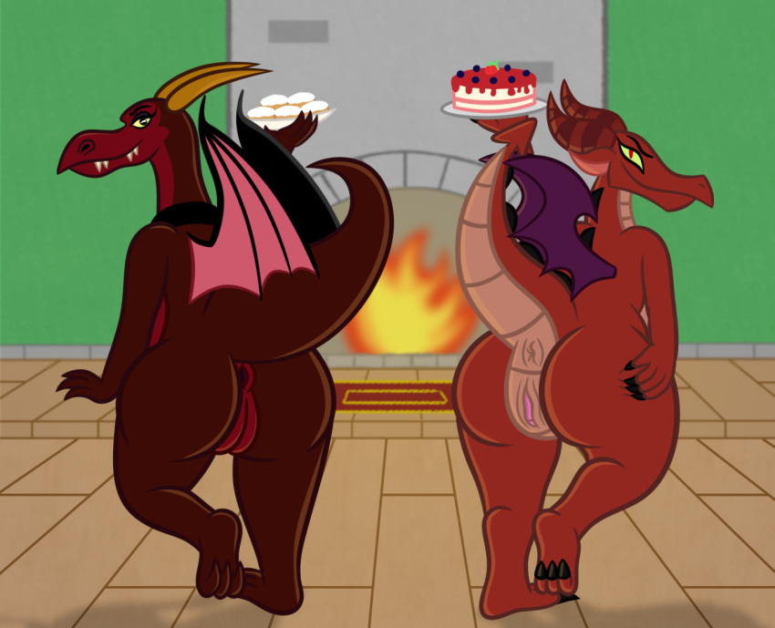 anthro anus ass beignet_(food) big_butt bunnicula_(series) cake dc_comics dc_super_hero_girls dessert detailed_background dragon duo ember_(dc) female fireplace floor food genitals hand_on_butt inside looking_at_viewer membrane_(anatomy) membranous_wings mythological_creature mythological_scalie mythology presenting pussy queen_wicked_(bunnicula) raised_leg red_body scalie sharkinwaves spread_butt spreading wings wood wood_floor