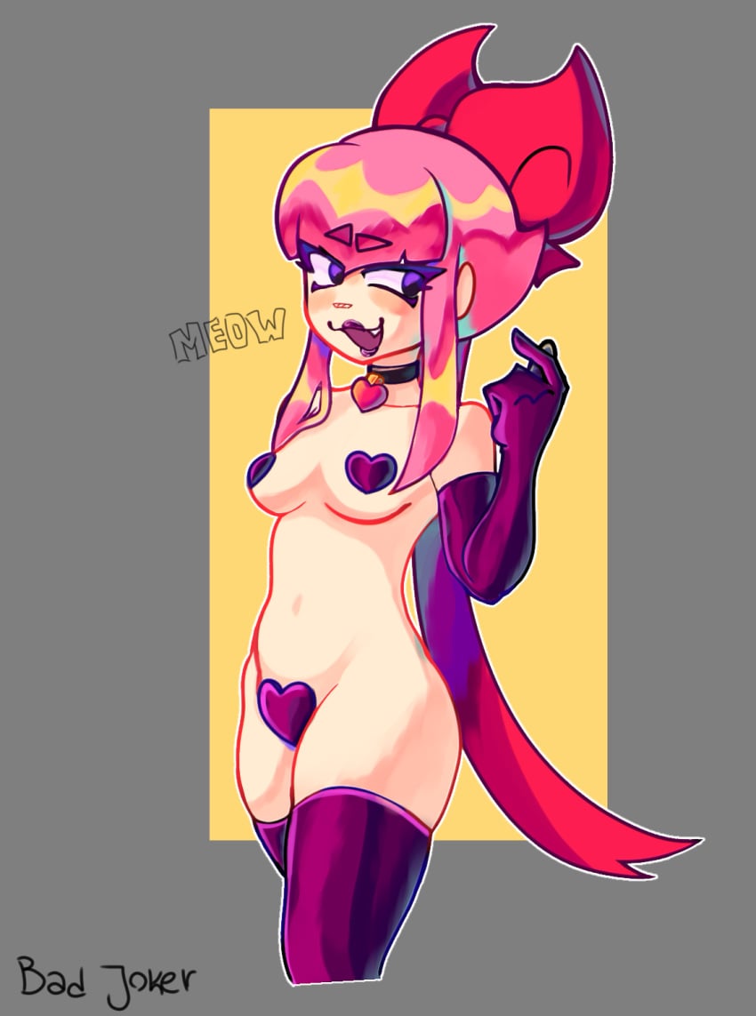 bangs belly_button bow_ribbon brawl_stars brawler choker_charm female female_only latex latex_gloves lipgloss lipstick maebari melodie melodie_(brawl_stars) nipples_covered oerba_yun_fang pink_hair short_hair skin smiling thighs