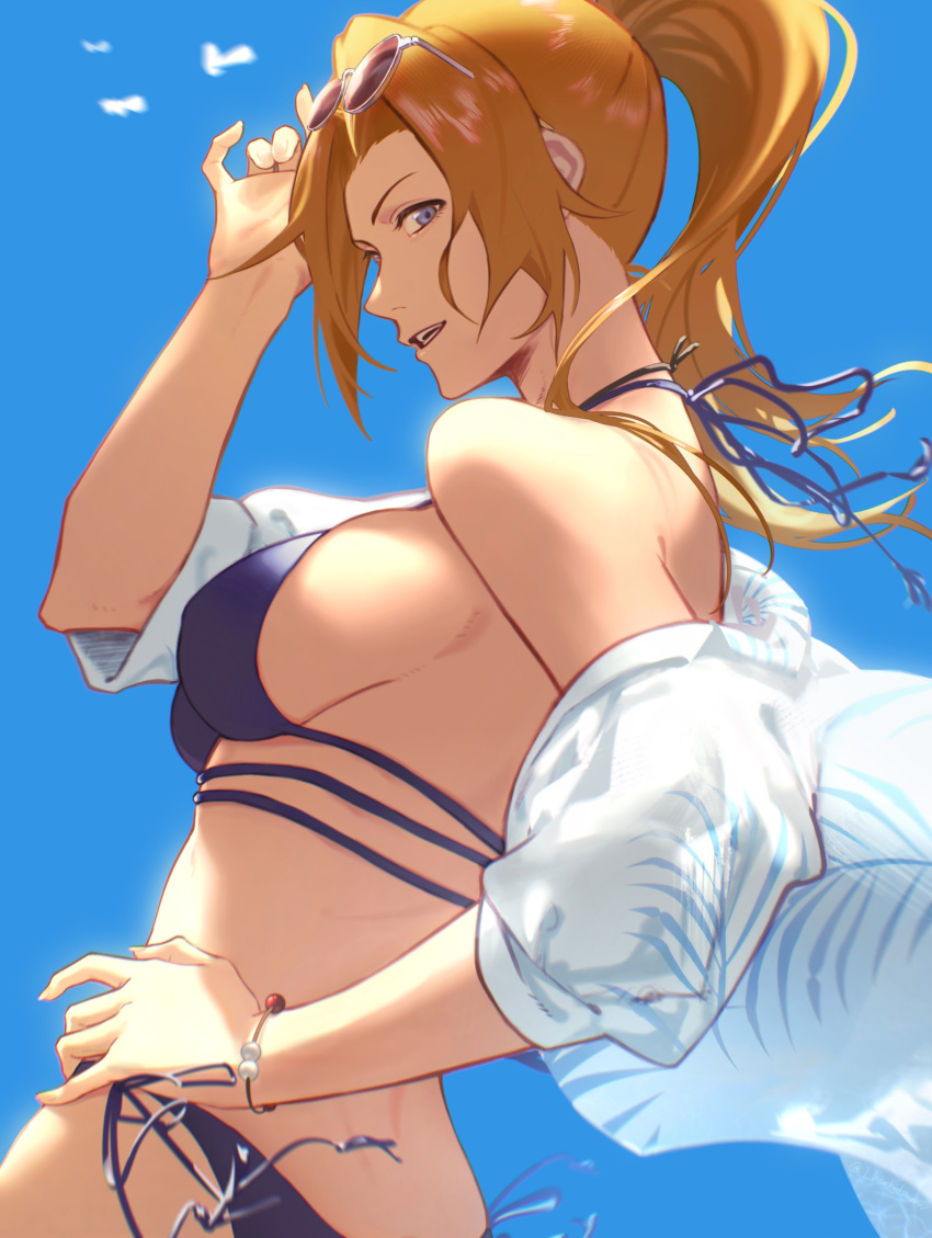 absurdres adjusting_eyewear bikini bleach bleach_brave_souls blonde_hair blue_bikini blue_eyes blue_sky breasts eyewear_on_head female hand_on_own_hip highres ihsekodwww large_breasts matsumoto_rangiku mature_female ponytail shirt side-tie side-tie_bikini_bottom sideboob sky summer sunglasses swimsuit white_shirt