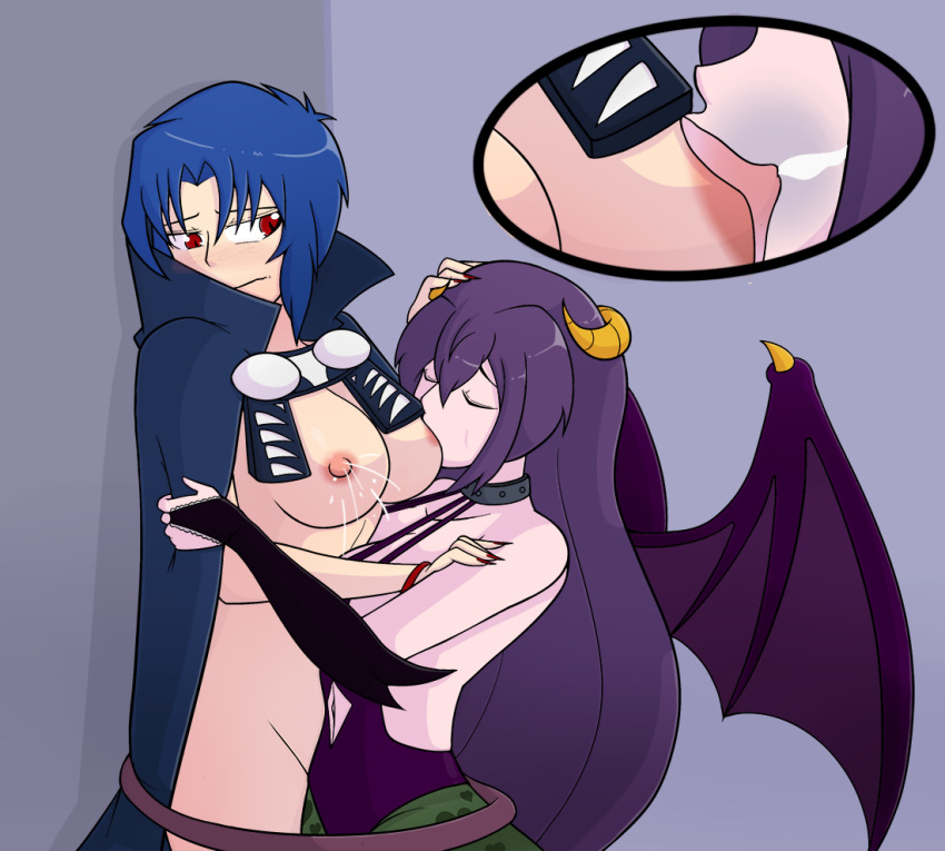 2girls background bangs blood blue_hair breast_sucking breastfeeding cape ciel_(tsukihime) color drinking_milk elesia_(tsukihime) female flustered full_body holding horns lactation michael_roa_valdamjong milk naked naked_cape navel no_bra no_panties nude oc red_eyes red_moon short_hair standing succubus sucking sucking_nipples tail tail_wrap tsukihime type-moon vampire vampire_girl wings yuri