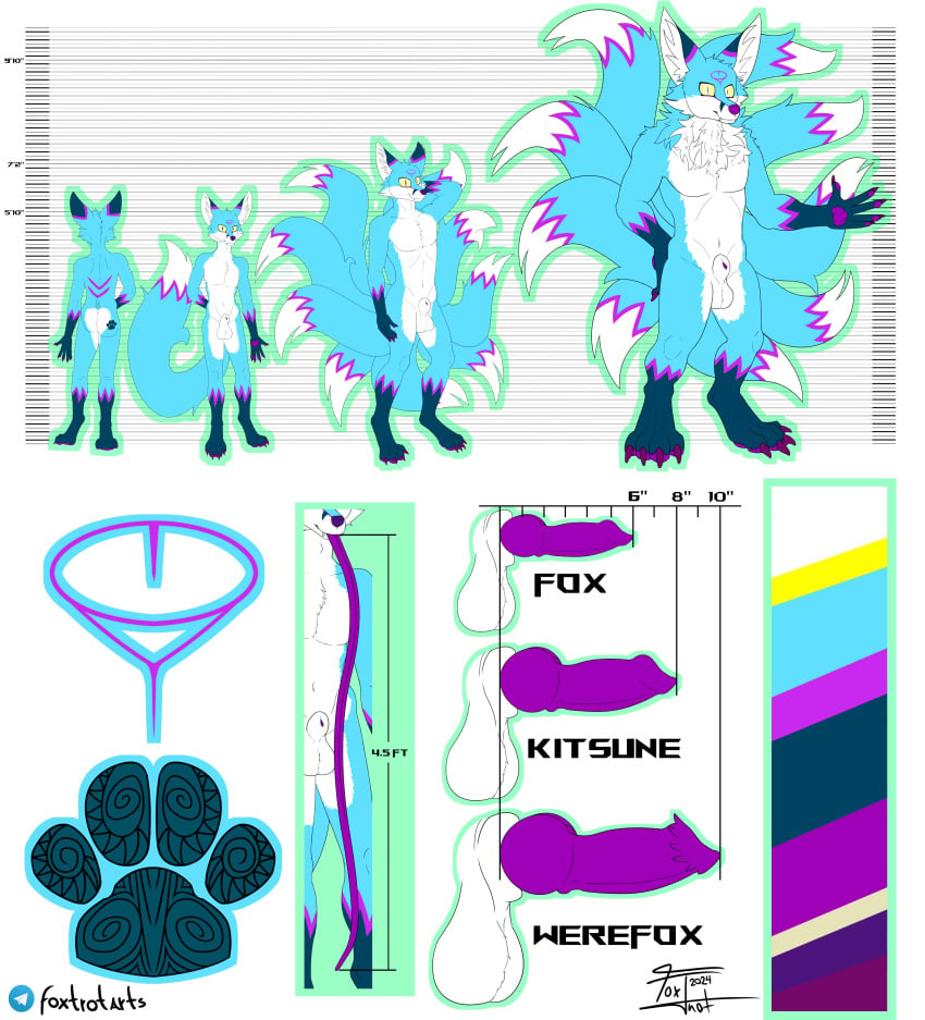 9_tails absurd_res animal_genitalia animal_penis anthro blue_body blue_fur canid canine canine_genitalia canine_penis chart fox fox_spirit foxtrotarts fur genitals hi_res kaji_inariyoki long_tongue male mammal model_sheet multi_tail penile_spines penis size_chart solo tail tongue were werecanid werecanine werefox yellow_eyes