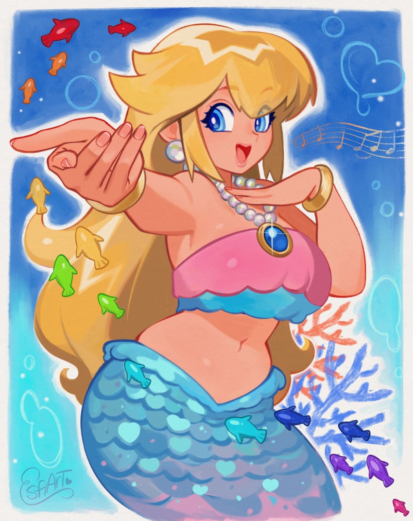 1girls blonde_hair blue_eyes earrings female fish fish_tail hand_out jewelry long_hair mario_(series) mermaid mermaid_peach midriff musical_note princess_peach princess_peach:_showtime! thick_mermaid_hips thick_thighs underwater wide_hips