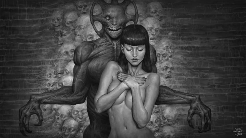 artistic_nude bangs black_and_white black_hair closed_eyes dysmorphia_(fear_and_hunger) fear_and_hunger fear_and_hunger:_termina grayscale greyscale hands_over_breasts horror justsomenoob long_hair monochrome samarie_(fear_and_hunger)