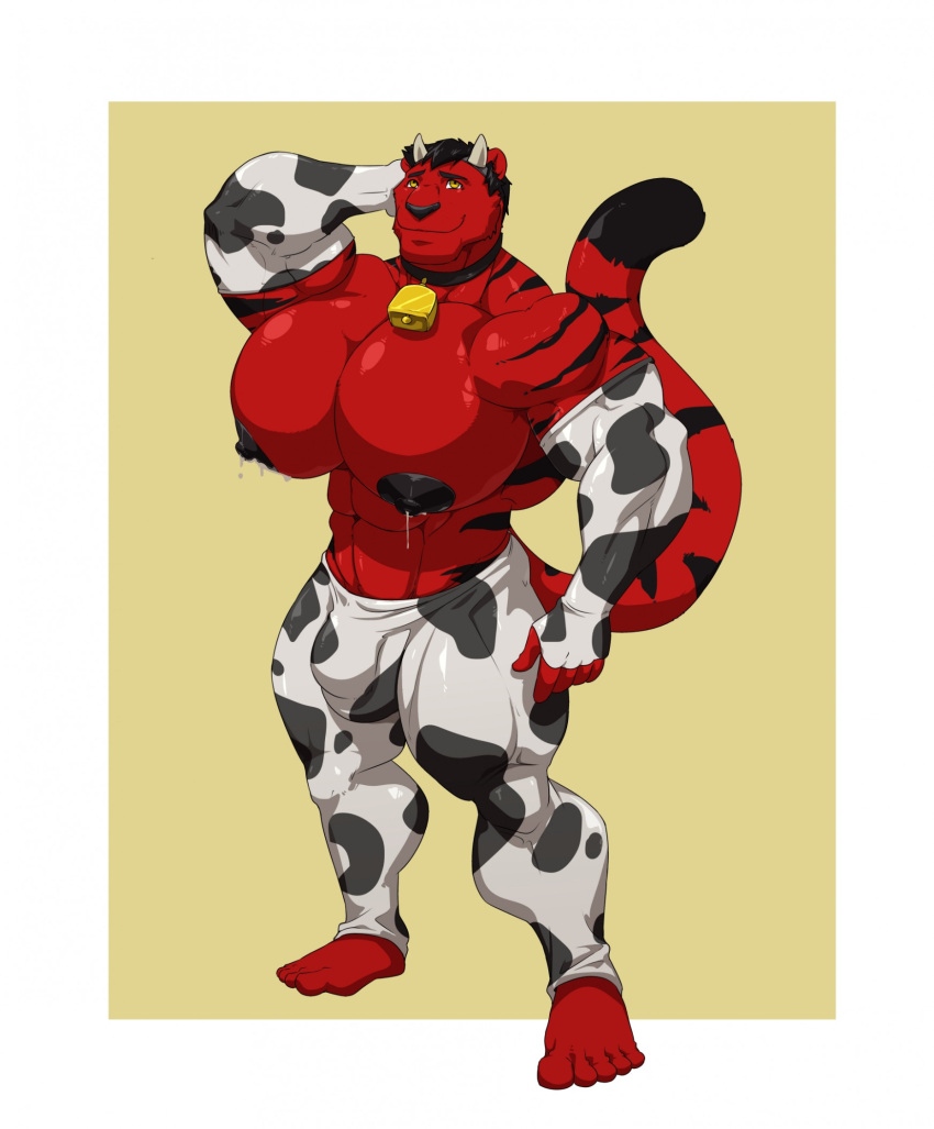 1boy big_bulge big_chest big_pecs bulge cowbell cowprint_legwear furry huge_chest huge_pecs kartos lactating lactation leaking_milk male male_lactation male_only solo solo_male tiger