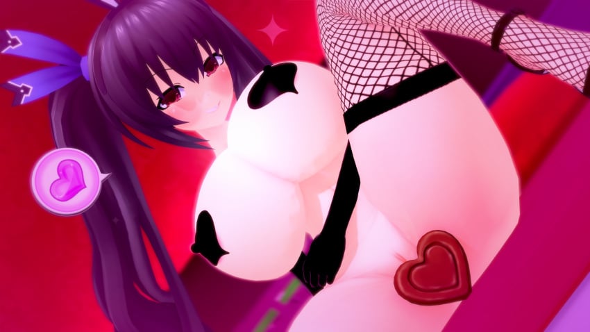 3d alternate_breast_size black_hair blush close-up fishnets hair_ribbon heart heart-shaped_pasties huge_breasts jared(pixiv60547267) legs_apart light-skinned_female looking_at_viewer neptunia_(series) noire pasties pussy red_eyes round_breasts seductive_smile solo thighhighs twintails