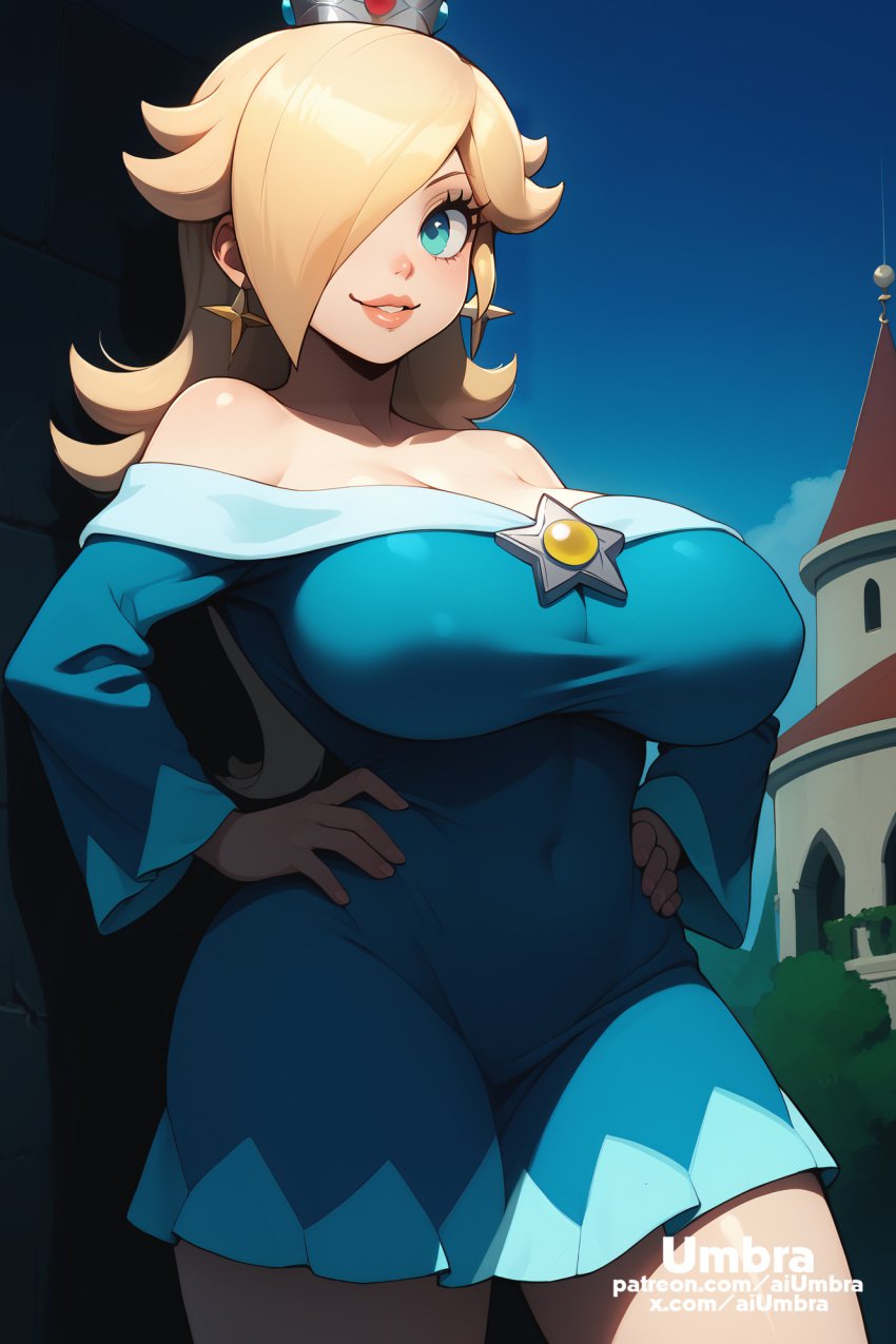 1girls ai_generated aiumbra blonde_hair blue_eyes dress grin high_resolution highres horny huge_breasts large_breasts mario_(series) naughty_face princess_rosalina self_upload smile smug stable_diffusion thick_thighs