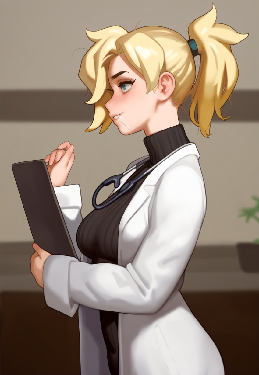 1boy 1girls 2d after_blowjob after_oral ai_generated blackedgens cum cum_on_face dark-skinned_male dark_skin doctor doctor_on_patient highres hospital kairuhentai_(ai_style) kairunoburogu_(ai_style) light-skinned_female light_skin mercy nurse overwatch overwatch_2 ponytail