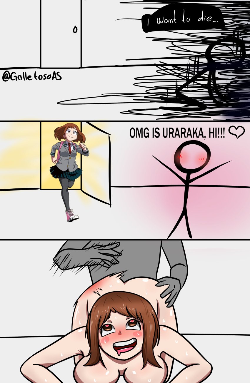 1boy 1girls anal anal_penetration ass ass_grab big_breasts blushing boku_no_hero_academia brown_eyes brown_hair doggy_style galletoso male/female meme my_hero_academia ochako_uraraka omg_hi! spanking_ass stickman