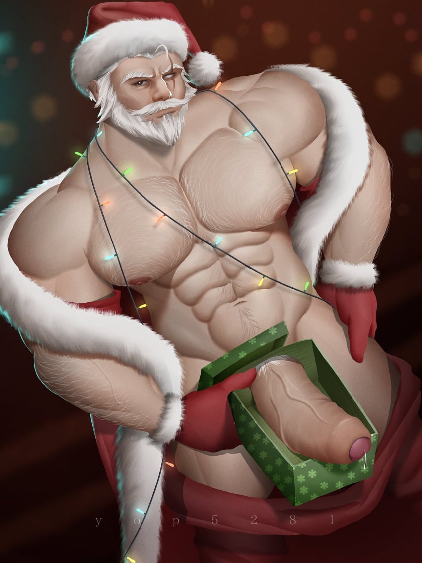 1boy activision bara beard big_balls big_penis blizzard_entertainment christmas christmas_clothing clothing daddy dick_in_a_box erection foreskin hairy_chest holidays human human_male light-skinned_male light_skin male male_nipples male_only mature_male muscular_male nipples overwatch overwatch_2 penis precum precum_drip reinhardt scar uncircumcised uncut white_beard white_hair yop5281