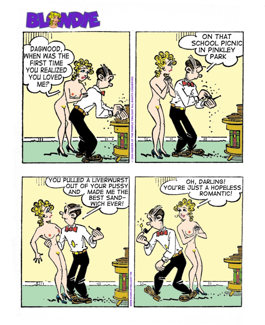 blondie_(comic) blondie_bumstead casual clothed_male clothing comic_strip dagwood_bumstead edit female human male mostly_nude nude_female nudist pale_skin pipe smoking tagme