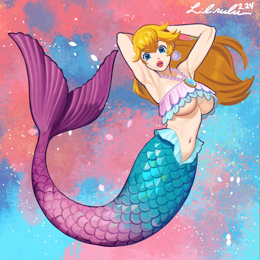 1girls arms_behind_head blonde_hair breasts commission earrings female female_only fish_tail full_body large_breasts lilirulu long_hair looking_at_viewer mario_(series) mermaid mermaid_peach midriff monster_girl navel necklace princess_peach princess_peach:_showtime! solo underboob