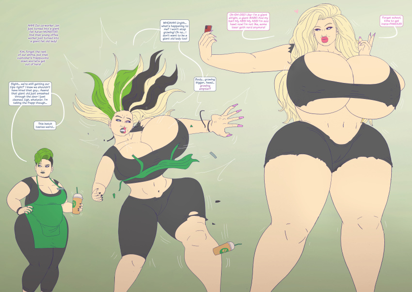 barista bimbo bimbofication blonde_hair breast_expansion clothed curvy curvy_figure fat_woman female green_hair multicolored_hair ripped_clothing saturnxart transformation