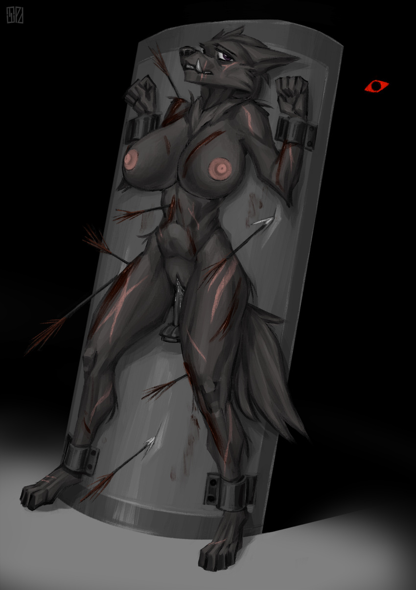 anthro arm_tuft arrow_(weapon) big_breasts blaidd_(elden_ring) blood bodily_fluids bondage bondage bound breasts calf_tuft canid canine canis cheek_tuft chest_tuft curvy_figure dildo dildo_in_pussy dildo_insertion elbow_tuft elden_ring facial_tuft fangs female fist fluffy fluffy_tail fromsoftware fur genital_fluids genitals grey_body grey_fur hands_tied hi_res hip_tuft hourglass_figure legs_tied mammal mtf_crossgender nipples nude penetration pussy ranged_weapon rule_63 ryona scar scars_all_over scherr sex_slave sex_toy sex_toy_in_pussy sex_toy_insertion shield shoulder_tuft slave small_waist tail teeth thick_thighs tuft vaginal_fluids vaginal_penetration vaginal_penetration weapon wolf wounded