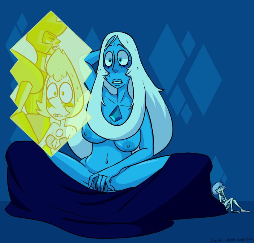 2girls alien alien_girl alien_humanoid blue_body blue_diamond_(steven_universe) blue_eyes blue_hair blue_pearl_(steven_universe) blue_skin breasts cartoon_network consin-arts diamond_authority female female_focus female_only gem_(species) humanoid long_hair masturbation multiple_girls nipples non-mammal_breasts steven_universe yellow_diamond_(steven_universe) yellow_pearl_(steven_universe)