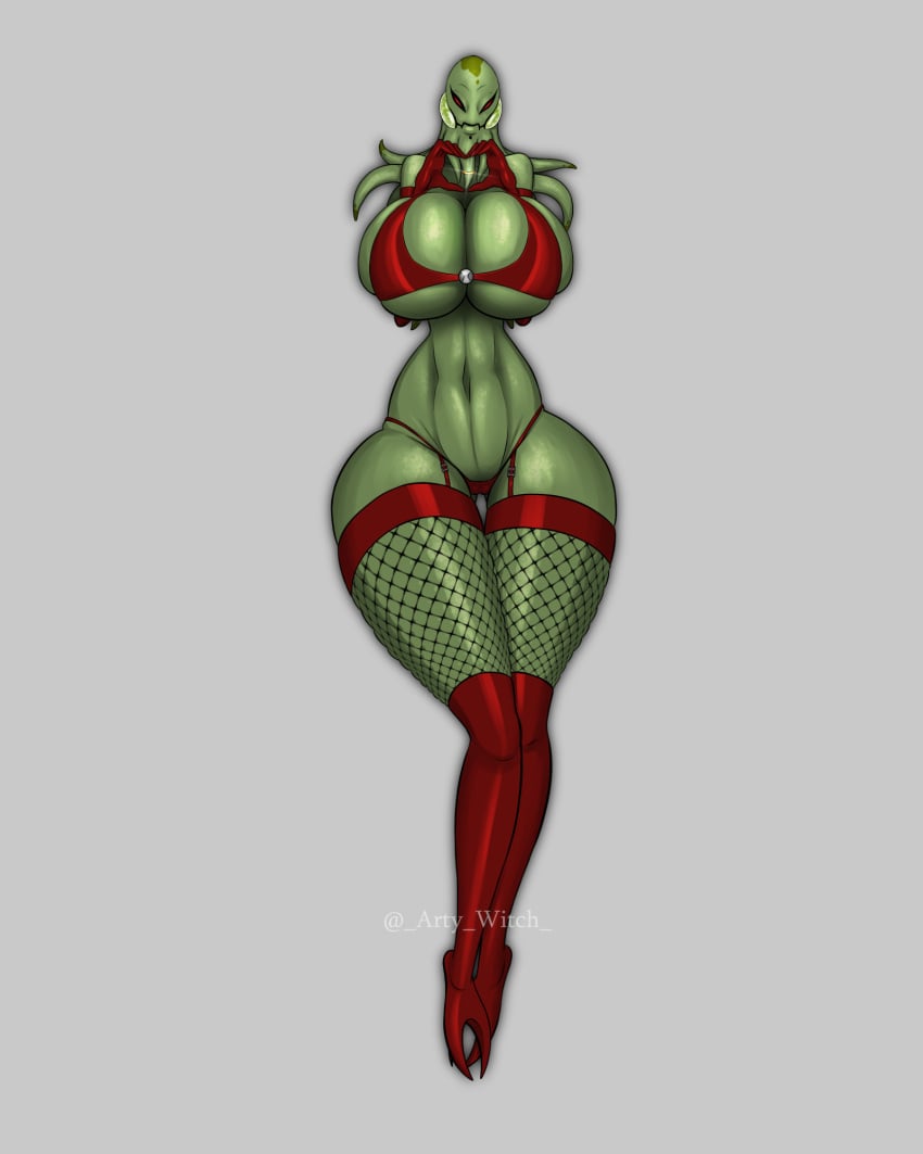 alien artywitch ben_10 bra breasts chimera_sui_generis cleavage female female_focus female_only fishnets heart_hands huge_breasts lingerie myaxx solo solo_female solo_focus tentacle thick_thighs thighhighs thighs thong wide_hips