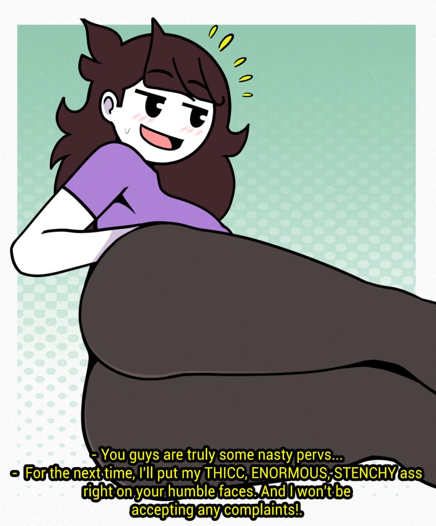 :d ass bangs black_eyes black_hair black_pants blush border brown_hair clothing colored_skin english_language english_text female female female_only green_background high_resolution huge_ass jaiden jaiden_(jaiden_animations) jaiden_animations large_ass long_hair lying on_side open-mouth_smile open_mouth pants purple_shirt shirt short_sleeves smile solo steca sweatdrop text thelazyart thick_thighs thighs tight tight_pants youtube youtuber