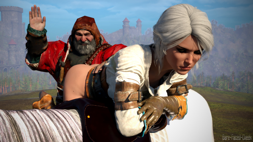 1boy 1girls 3d ass bare-faced-cheek ciri ciri_(daz) female human human_only light-skinned_female light-skinned_male light_skin male mature mature_male older_male phillip_strenger scar spanking spanking_ass straight submissive_female the_witcher_(series) the_witcher_3:_wild_hunt white_hair