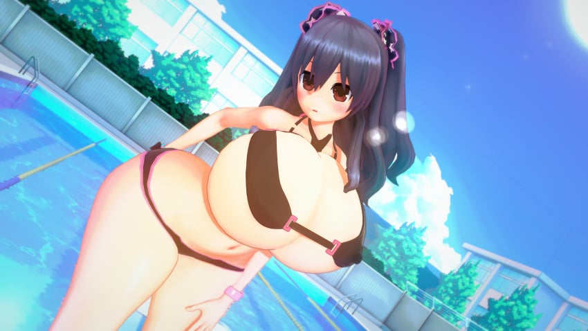 3d alternate_breast_size black_hair blush cleavage hair_ribbon hand_on_thigh huge_breasts jared(pixiv60547267) light-skinned_female neptunia_(series) outdoors pool red_eyes solo swimsuit thick_thighs uni_(neptunia)